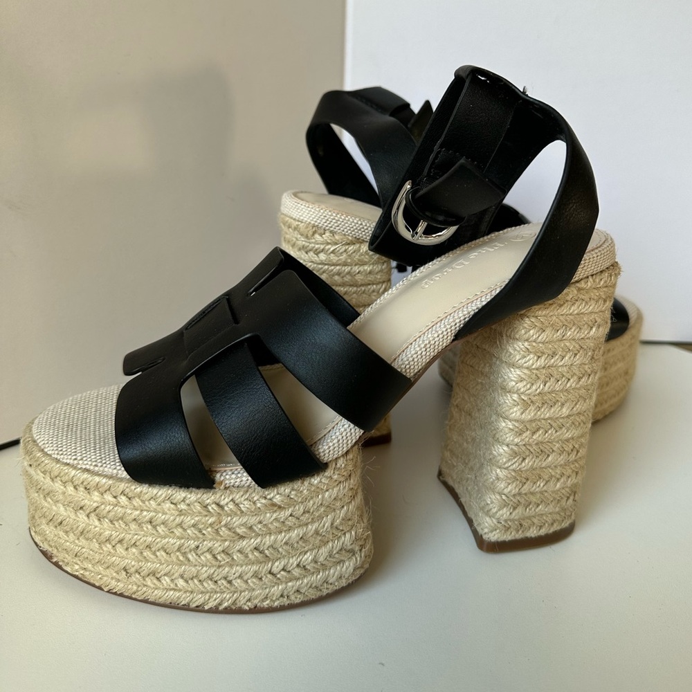The Drop Black Leather Espadrille Platform Heels Sandals US 8 EU 39 New